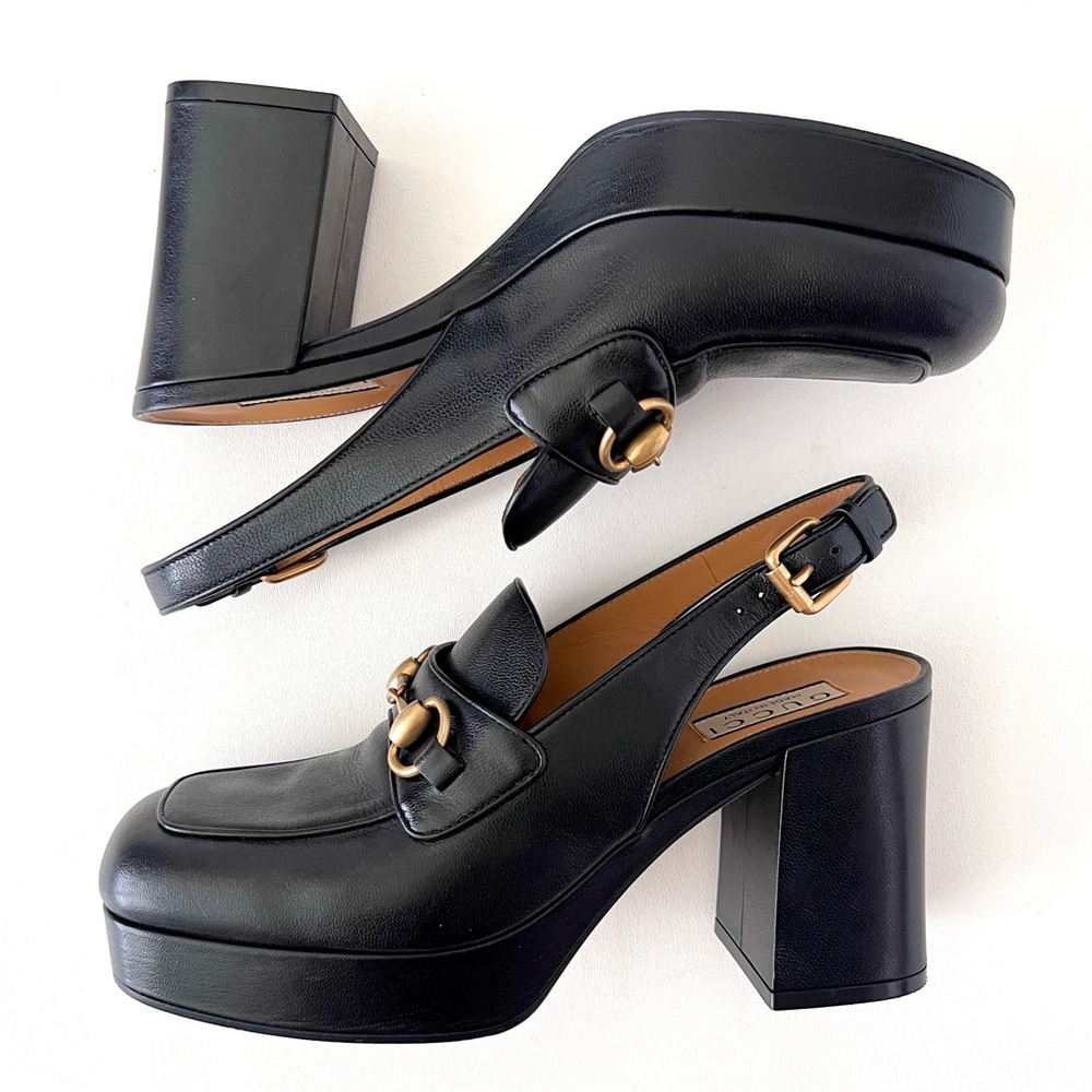 GUCCI | Horsebit SlingBack Retro Chunky Platform Loafers Black Leather EU 38 - Picture 11 of 13